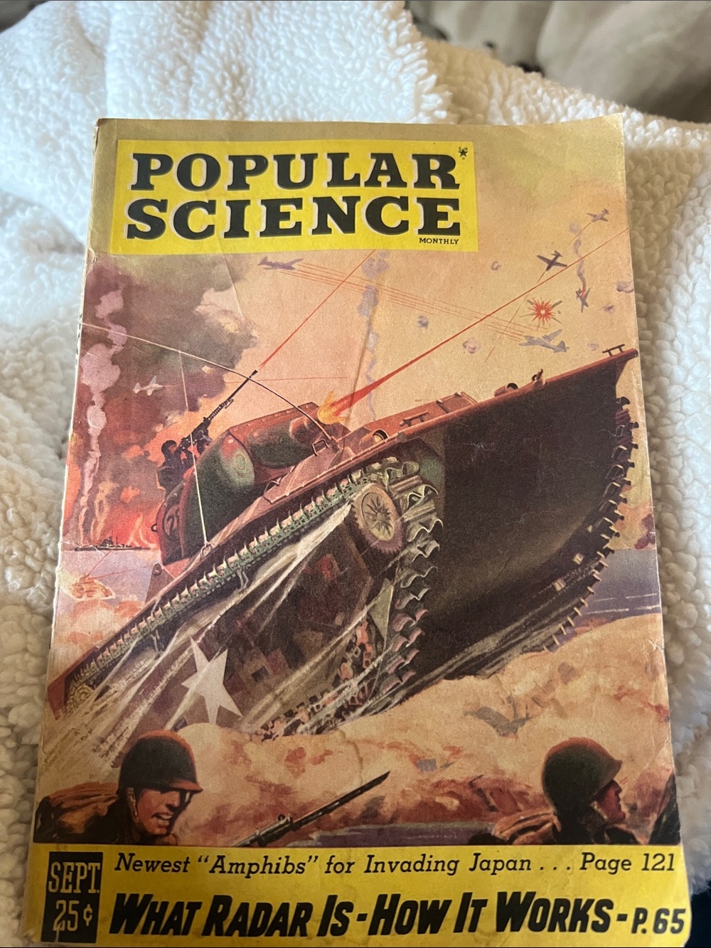 Popular Science Vintage Military Tank Cover - Yellow, Brown, Black Sep 1945